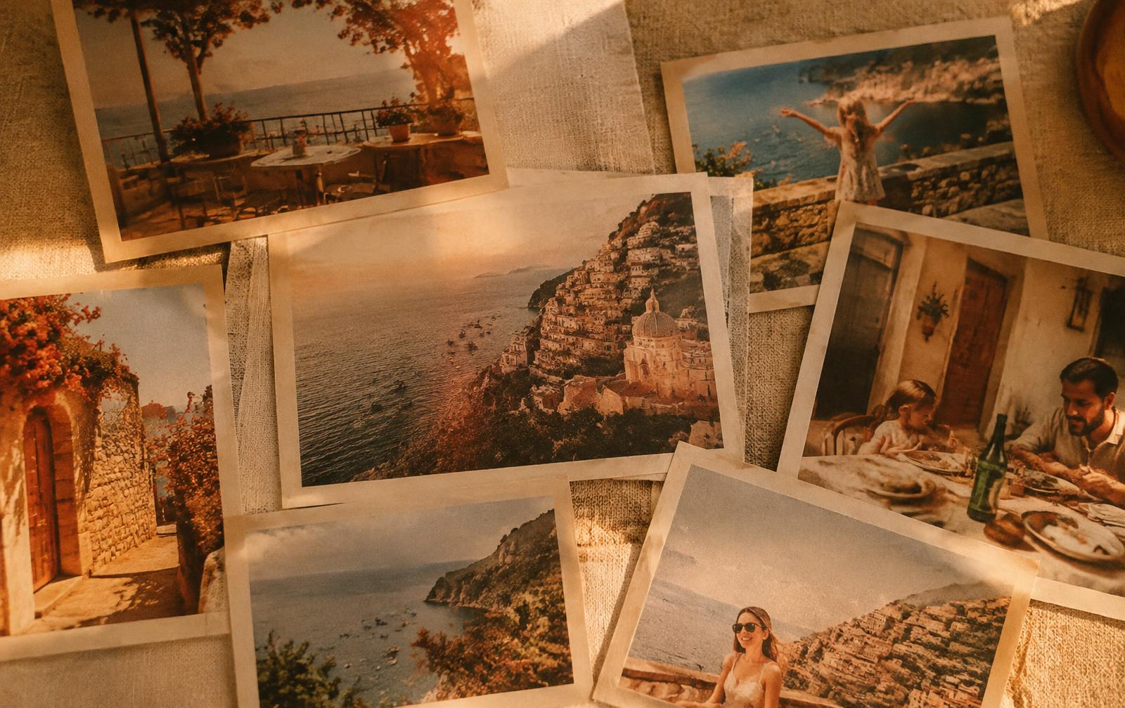 Verstreute Urlaubsfotos auf einem Leinentisch